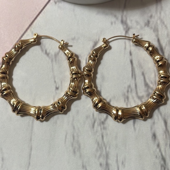 Gold Exaggerated Bamboo Hoop Earrings - Picture 9 of 10